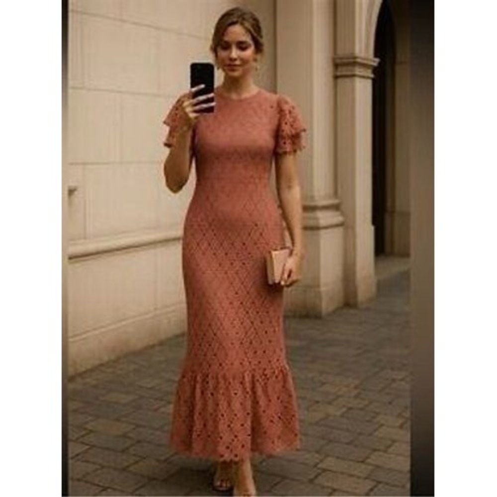 JessaKae Maxi Dress Women's Large L Pink Lace Ruffle Hem Modest Short Sleeve
